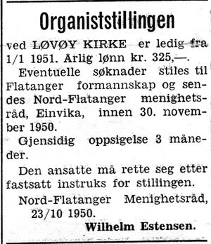 Annonse fra Nord-Flatanger Menighetsråd i Namdal Arbeiderblad 28.10.1950.jpg