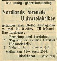 156. Annonse fra Nordlands forenede Uldvarefabriker i Morgenbladet 23.04. 1916.jpg