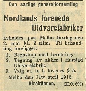 Annonse fra Nordlands forenede Uldvarefabriker i Morgenbladet 23.04. 1916.jpg