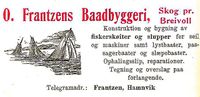 Annonse fra O. Frantzens Baadbyggeri på Breivoll under Harstadutstillingen 1911.