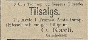 Annonse fra O. Kavli i Tromsø Stiftstidende 14.04.1887.jpg