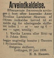 18. Annonse fra Ofotens skifteræt i Tromsø Amtstidende 30.06. 1898.jpg