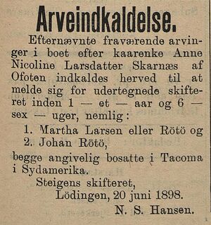 Annonse fra Ofotens skifteræt i Tromsø Amtstidende 30.06. 1898.jpg