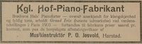 I denne annonsen fra Harstad-avisa Haalogaland 14. november 1903 ser vi at Jøsvold også livnærte seg som forhandler av pianoforter fra Brødr. Hals.