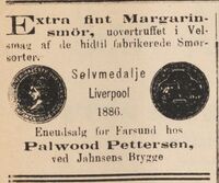 Annonse for Extra fint «margarinsmør» i Lister (avis) 14. august 1891.