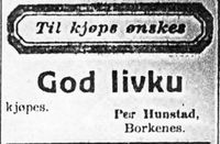 8. Annonse fra Per Hunstad, Kvæfjord i Harstad Tidende 22. november 1939.jpg