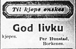 Annonse fra Per Hunstad, Kvæfjord i Harstad Tidende 22. november 1939.jpg
