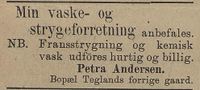 Annonse for Petra Andersens vaske- og strykeforretning fra Tromsø tidende 1897.