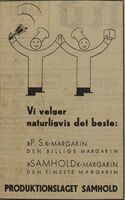 Annonse for PS og Samhold Margarin fra Produktionslaget Samhold i avisa Rogaland 11.10.1933.