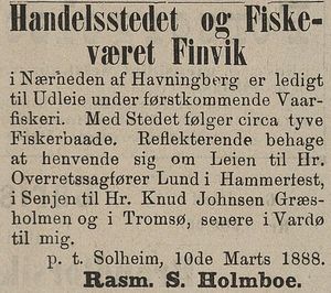 Annonse fra Rasm. S. Holmboe i Tromsø Stiftstidende 03.11.1888.jpg