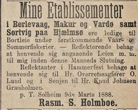 27. Annonse fra Rasm. S. Holmboe i Tromsøposten 14. 03.1888.jpg