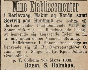 Annonse fra Rasm. S. Holmboe i Tromsøposten 14. 03.1888.jpg