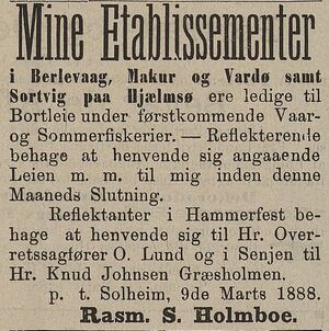 Annonse fra Rasmus S. Holmboe i Tromsø Stiftstidende 03.11.1888.jpg