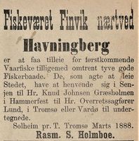 371. Annonse fra Rasmus S. Holmboe i Tromsø Stiftstidende 14.03.1888.jpg