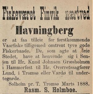 Annonse fra Rasmus S. Holmboe i Tromsø Stiftstidende 14.03.1888.jpg