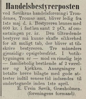 Annonse fra Søvikens handelsforening i Tromsø Stiftstidende 06.02.1879.jpg