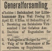 302. Annonse fra Selskabet for Lillehammer Bys Vel i Gudbrandsdølen 22.04.1909.jpg