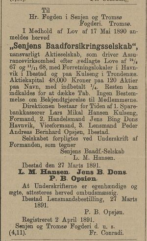 Annonse fra Senjen og Tromsø Fogderi i Norsk Kundgjørelsestidende 01.06. 1891.jpg