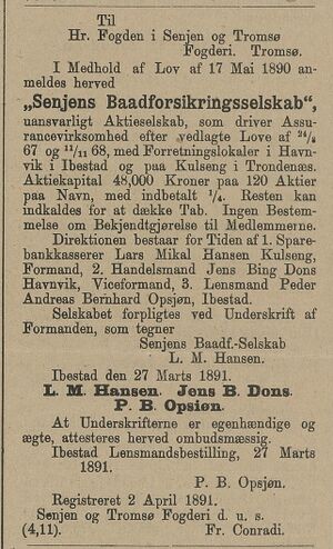 Annonse fra Senjen og Tromsø fogderi i Norsk Kundgjørelsestidende 01.06.1891.jpg