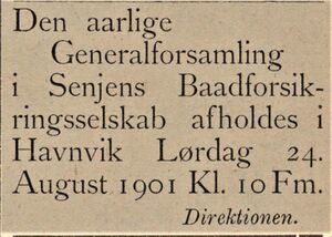 Annonse fra Senjens Baadforsikringsselskab i Harstad Tidende 08.08.1901.jpg