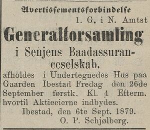 Annonse fra Senjens Baadforsikringsselskab i Tromsø Stiftstidende 11.09.1879.jpg