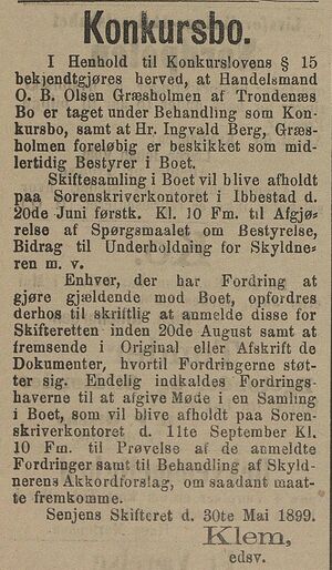 Annonse fra Senjens Skifteret i Tromsø Stiftstidende 11.06.1899.jpg