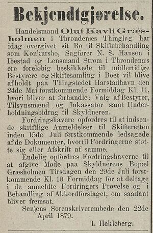 Annonse fra Senjens Sorenskriverembede i Tromsø Stiftstidende 01.05.1879.jpg