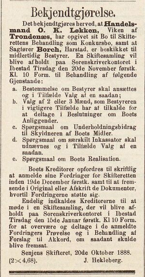 Annonse fra Senjens skifteret i Norsk Kundgjørelsestidende 31.10.1888.jpg