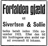 112. Annonse fra Sivertsen & Sollie i Nord-Trøndelag og Nordenfjeldsk Tidende 2. november 1922.jpg