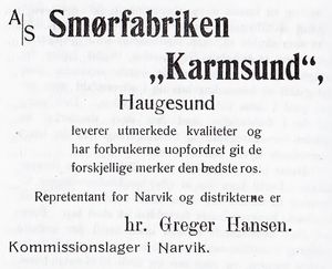 Annonse fra Smørfabrikken Karmsund i Narvikboka 1912.jpg