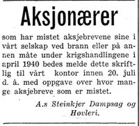 188. Annonse fra Steinkjer Dampsag og Høvleri i Nord-Trøndelag og Inntrøndelagen 4.7. 1942.jpg