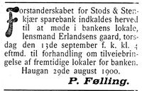 169. Annonse fra Stods og Stenkjær Sparebank i Indtrøndelagen 31.8. 1900.jpg