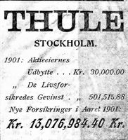 Forsikringsselskapet Thule annonserer i tidsskriftet Samvirke nr. 1-2 1903.