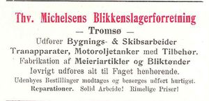 Annonse fra Thv. Michelsens Blikkenslagerforretning under Harstadutstillingen 1911.jpg