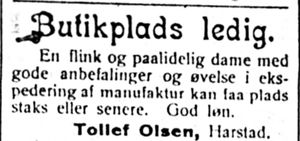 Annonse fra Tollef Olsen i Harstad Tidende 3. juli 1913.jpg