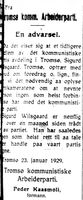 74. Annonse fra Tromsø Kommunistiske Parti i Dagens Nyheter 26. 2. 1929.jpg
