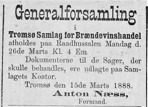Annonse fra Tromsø Samlag for Brændevinshandel i Tromsøposten 17.03. 1888.jpg