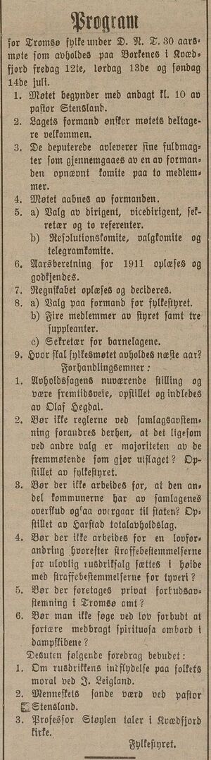 Annonse fra Tromsø fylke av D.N.T. med program for kretsårsmøtet på Borkenes i Tromsøposten 02.07.1912.jpg
