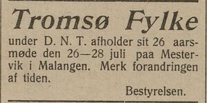 Annonse fra Tromsø fylke av D.N.T. om kretsens 26. årsmøte i Haalogaland 11.07.1908.jpg