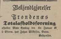Trondenes Totalafholdsforening annonserte møte hos Johan Mikkelsen på Sama den 6.januar 1889. Tromsø Amtstidende 04.01.1889.