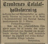 Møte for å drøfte hva som kunne gjøres for å stanse den ulovlige omsetning av alkohol under markedet i Harstad. Tromsø Amtstidende 17. juli 1890.