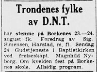 Godt planlagte møter på Borkenes. Annonse fra Harstad Tidende 19. august 1958.