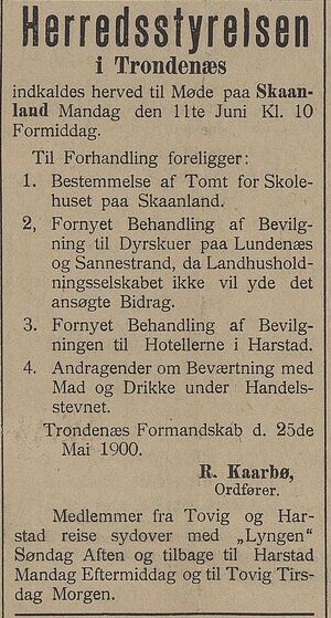 Annonse fra Trondenes kommune i Tromsø Amtstidende 28 05 1900.jpg