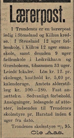 Annonse fra Trondenes skolestyre i Tromsø Amtstidende 15.03. 1895.jpg