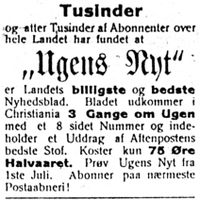 Ugens Nyt-annonse i Harstad Tidende 3. juli 1913.