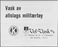 Reklame for vaskeriet Vel-Vask som mottok militærtøy til vask.