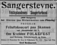 Annonse fra Vestoplandenes Sangerforbund for sangerstevnet på Biristranden 1. pinsedag 1924 i avisa Gudbrandsdølen 03.06.1924