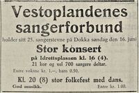 Vestoplandenes Sangerforbund annonserte for sangerstevnet på Dokka 16. juni 1935 i avisa Velgeren 8. juni 1935.