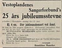 Vestoplandenes Sangerforbund annonserte for sangerstevnet i Hunndalen 17. juni 1934 i avisa Velgeren 17. juni 1934.
