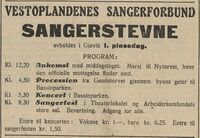 Vestoplandenes Sangerforbund annonserte for sangerstevnet i Gjøvik 1. pinsedag 1927 i avisa Vestopland 1. juni 1927.